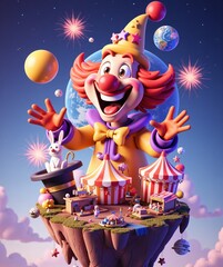 Colorful clown with red hair wearing yellow hat purple clothes, smiling widely with open hands. Floating island has circus tents, magic hat with rabbit, festive decorations April Fools' Day carnival