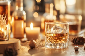 Whiskey Glass With Ice and Candles Creating a Cozy Atmosphere in a Softly Lit Setting