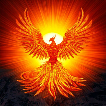 Ph&eacute;nix incandescent renaissant dans un brasier c&eacute;leste