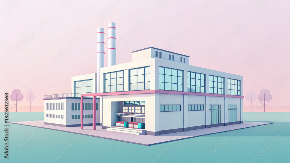 Poster modern factory with minimal 3D render design, featuring large windows and smokestacks, set against pastel sky. flat design emphasizes clean lines and simplicity