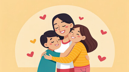 mother embraces her two children in heartwarming family moment, surrounded by floating hearts, conveying love and happiness in minimal 3D render style