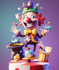 Colorful clown with red curly hair, wearing purple hat and yellow bow tie, standing on ball and skateboard. Surrounded by magic hat, toy planes, rabbits, gift box for April Fools' Day and carnival.