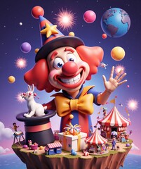 Colorful clown with red hair wearing star - adorned hat, smiling beside magic hat with rabbit. Floating island has circus tents, gifts, people, globe, fireworks for April Fools' Day and carnival.