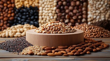 Fototapeta premium Assortment of various nuts and seeds displayed on a wooden surface