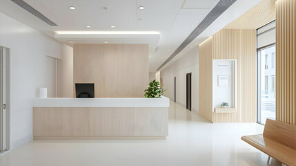 Fototapeta premium Modern Interior Of A Bright Reception Hallway With Wooden Panels And White Walls