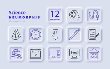 Science set icon. Geometry, clock, tie, pen, writing, algorithm, thinking, formula, physics, research, computer, global network, energy storage, scientific analysis, mathematics