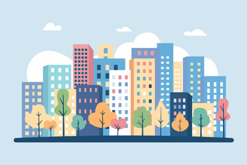 City. Cityscape. City district with tall buildings, residential real estate, offices, trees, sidewalks and road. Modern metropolis. Business district vector illustration.