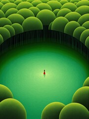 Person in red dress standing in green circular water area surrounded by round green trees. Suitable for nature, fantasy, solitude, art design scenes.