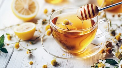 Chamomile tea with honey and lemons on white wooden table.