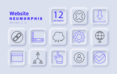 Website set icon. Link, router, cloud storage, settings gear, download, close button, web navigation, user targeting, approval check, social network, pointer click