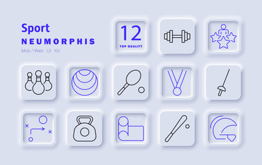 Sport set icon. Bowling, gym ball, weightlifting, competition, strategy, fencing, tennis, medal, fitness, exercise mat, baseball, protective gear