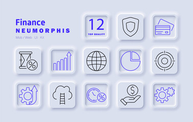 Finance set icon. Interest rate, stock growth, global economy, pie chart, target, credit card, financial security, investment, cloud banking, savings, automation
