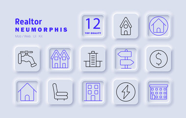 Realtor set icon. House, real estate, apartment, commercial building, property value, location, investment, urban infrastructure, electricity supply, home buying