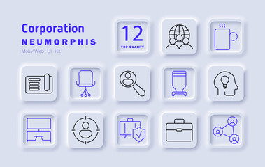 Corporation set icon. Business meeting, global connection, leadership, brainstorming, office chair, recruitment, analytics, networking, teamwork, professional environment