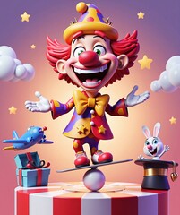 Colorful clown with red hair in yellow - purple dotted hat, yellow bow tie, standing on ball and skateboard. Surrounded by toy plane, gift box, magic hat rabbit, stars, for April Fools' Day ， carnival