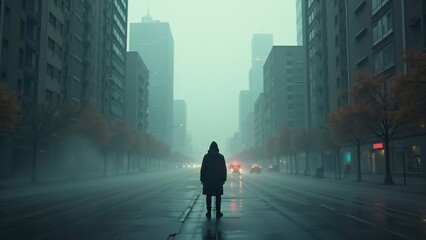 Solitary Figure in a Foggy City Street