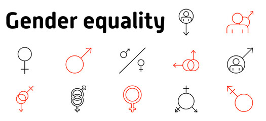Gender equality set icon. Male and female symbols, gender balance, identity, inclusivity, diversity, rights, equality movement, partnership, feminism, social justice, representation, fairness