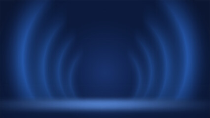 Blue stage background. Minimalist dim interior studio room. Backdrop for montage displaying products presentation, advertising. Showcase. Template layout for ad. Circular gradient. Vector illustration
