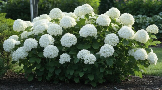 Snowball Bush. White Viburnum Flower Heads in Summer Garden with Blooming White Flowers