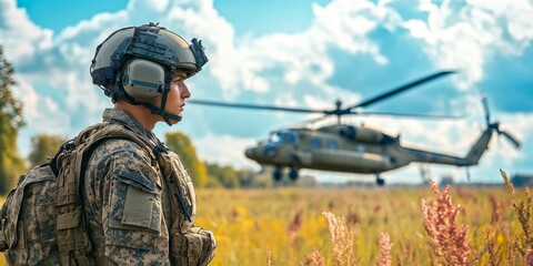 A soldier in tactical gear stands in a grassy field. In the background, a military helicopter prepares for takeoff. This image captures strength and resilience. AI.