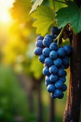 Fototapeta premium Golden sunlight falls on clusters of ripe blue grapes hanging from a wooden vine, wood, autumn, blue
