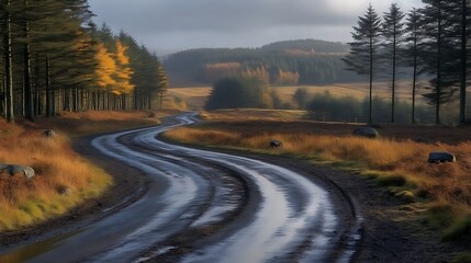Obraz premium Winding Country Road Through Autumnal Forest Landscape