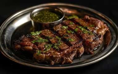 Grilled Steak with Chimichurri Sauce Plated on Silver Plate Background