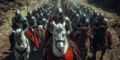 Knights in armor advance on horseback during a crusade with fortress in the background. Header banner mockup with copy space.