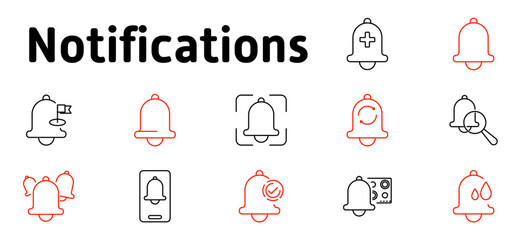 Notifications set icon. Alert, bell, time management, updates, system messages, verification, reminders, sound, security alerts, notification system, communication