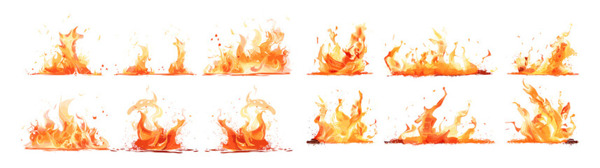 Set of fire flames elements, vector illustration on white and transparent background, blazing fire effect, hot flame graphics, realistic burning flames, heat explosion, wildfire