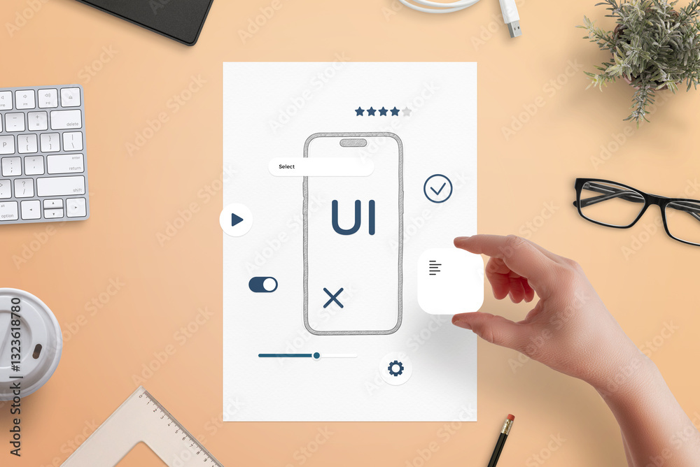 Poster Top view of designer’s desk with wireframe sketch of mobile app, hand arranging UI elements, surrounded by office tools and creative workspace items