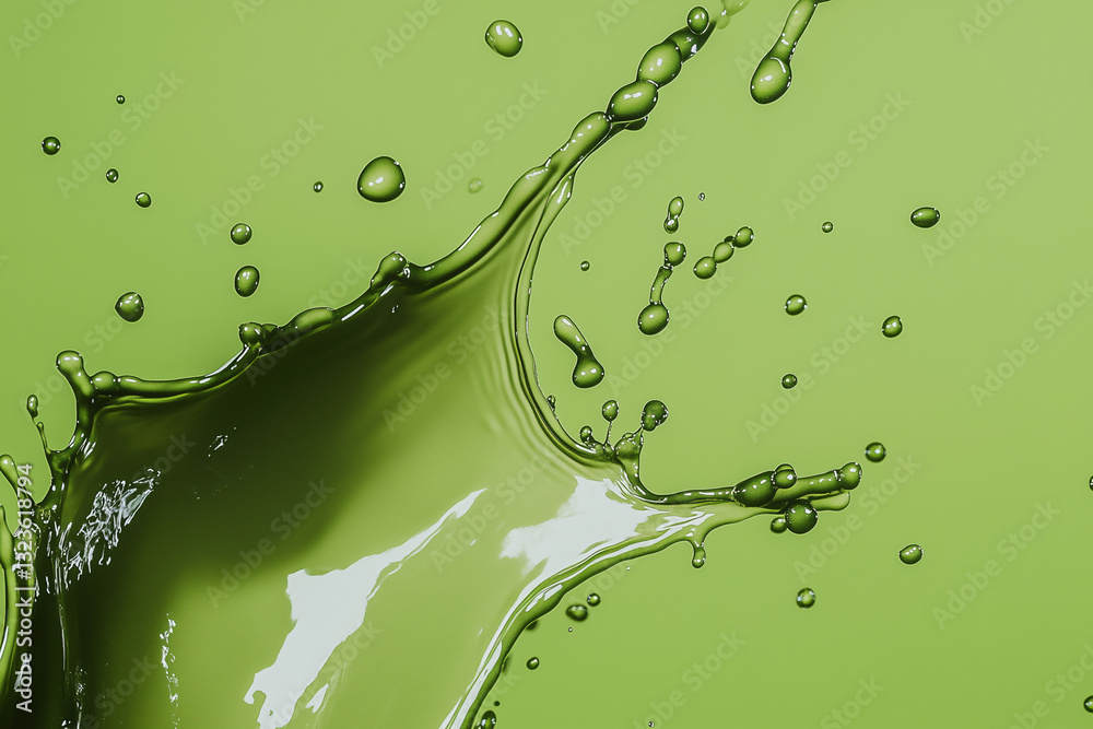 Poster Emerald Splash: Capturing a dynamic moment of a vibrant emerald liquid exploding into droplets, highlighting its fluid form and textured surface.