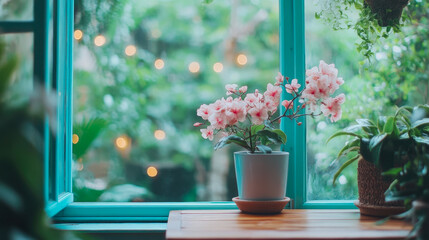 Fototapeta premium Indoor Oasis: Serene Pink Blossom Arrangement by the Window, creating a tranquil and inviting atmosphere