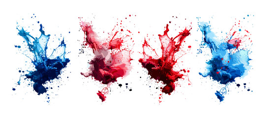 Colorful ink splashes and powder explosion, vector set of red and blue paint splash elements, isolated on white and transparent background, abstract artistic dust burst