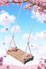 Wooden swing hanging from cherry blossom tree branch, with pink flowers and petals. Perfect for spring themes, children’s stories, peaceful garden designs, and relaxation scenes.