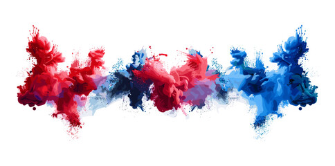 Vector set of red and blue powder explosion, colorful paint splash elements, ink splashes for design, isolated on white and transparent background, abstract dust burst, artistic splatter