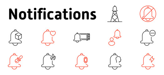 Notifications set icon. Mute, priority, personalized alerts, social interactions, system messages, blocked notifications, delivery updates, status tracking, sound control
