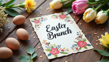Easter brunch invitation with flowers and eggs on wooden table