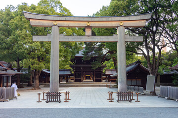 Torii gate leading to Meiji Shinto shrine in Shibuya, Tokyo, Japan