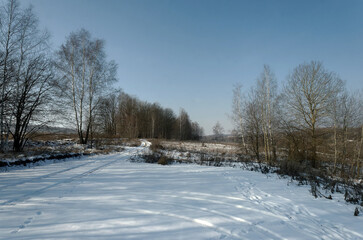 Obraz premium Snow-covered dirt road on a clear day