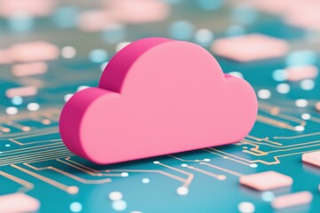 Pink cloud icon on a vibrant blue circuit board background, symbolizing cloud computing and digital technology, perfect for tech related projects