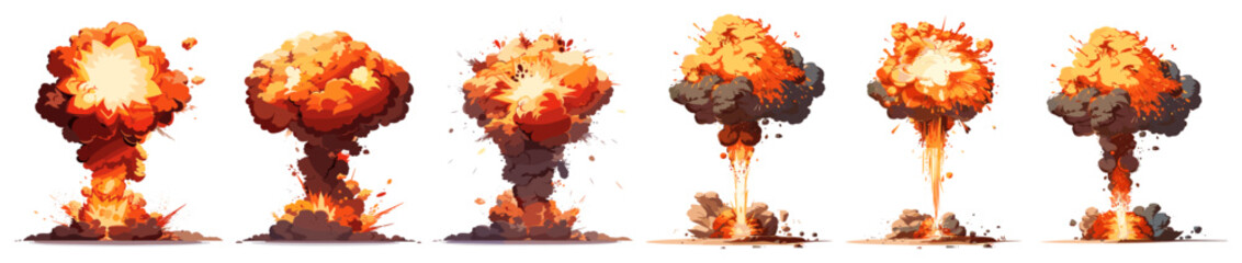 Vector set of nuclear explosion with mushroom cloud, hydrogen bomb test, nuclear catastrophe concept design, atomic blast, isolated on white and transparent background