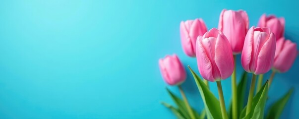 Fototapeta premium Pink tulip petals against a bright blue background, colors, landscape, flowers
