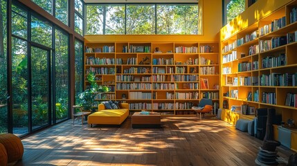 A sun-filled room bathed in warm light reveals a vibrant yellow bookshelf, its shelves adorned with a kaleidoscope of colorful books, inviting exploration and knowledge.