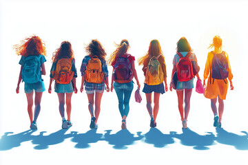 Fototapeta premium A group of girls walking down the street in a backlight scence