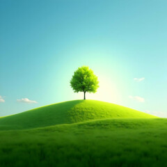 Fototapeta premium A vibrant green tree stands atop a grassy hill under a bright blue sky, radiating a sense of peace and natural beauty.