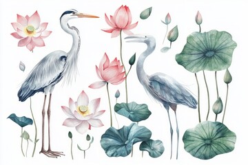 A set of watercolor herons, lotus flowers, and lily pads in pastel colors on a white background