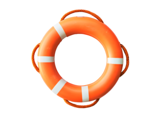 Bright orange life preserver ring with white stripes and orange ropes, symbolizing safety and rescue in water. Ideal for maritime settings and emergency preparedness