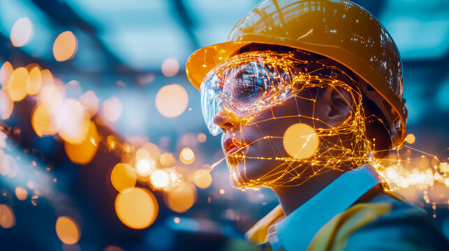 Futuristic worker, safety with technology: Concept showing Industry 4.0 and the connected workplace