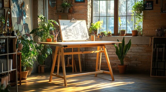 A pristine wooden drafting table stood proudly in a sun-drenched workspace, its adjustable angle ready to assist creative minds in crafting their visions.